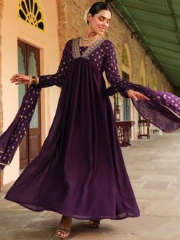 Janasya - Womens Purple Georgette Embroidered Gold Printed Anarkali Kurta with Dupatta