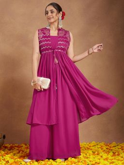 Janasya - Womens Pink Georgette Sequined Front Slit Kurta with Crop Top & Palazzo