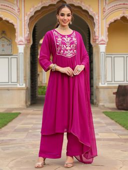 Janasya - Womens Pink Georgette Embroidered A-Line Kurta with Palazzo & Dupatta