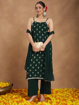 Janasya - Womens Dark Green Rayon Embellished Foil Printed Straight Kurta with Pant & Dupatta