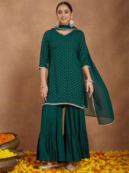 Janasya - Womens Dark Green Rayon Embellished Foil Printed Kurta with Sharara & Dupatta