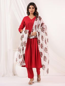 Janasya - Womens Maroon Rayon Embellished Mirror Work A-Line Anarkali Kurta with Pant & Dupatta