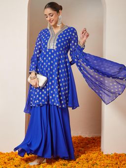 Janasya - Womens Royal Blue Embellished Gold Printed A-Line Kurta with Sharara & Dupatta