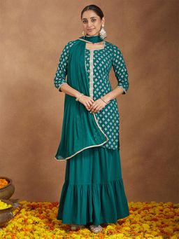 Janasya - Womens Green Georgette Embellished Foil Printed Straight Kurta with Sharara & Dupatta