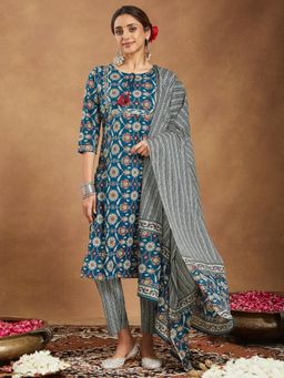 Janasya - Womens Teal Blue Pure Cotton Floral Printed Straight Kurta with Pant & Dupatta