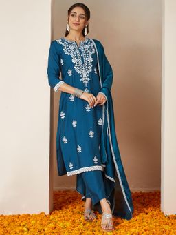 Janasya - Womens Teal Blue Embroidered Straight Kurta with Pant & Dupatta