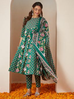Janasya - Womens Green Pure Cotton Floral Yoke Design Anarkali Kurta with Pant & Dupatta