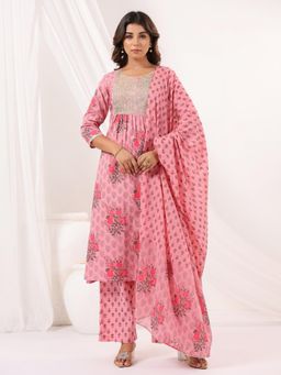 Janasya - Womens Pink Yoke Embroidered Floral Printed A-Line Kurta with Pant & Dupatta