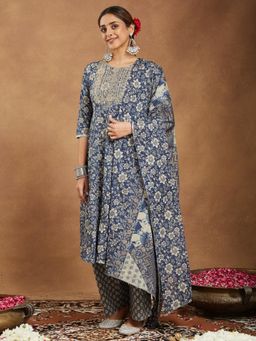 Janasya - Womens Blue Pure Cotton Floral Printed Anarkali Kurta with Pant & Dupatta