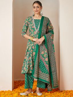 Janasya - Womens Dark Green Floral Printed Yoke A-Line Kurta with Pant & Dupatta