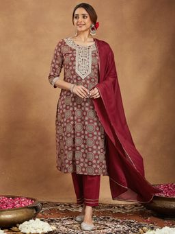 Janasya - Womens Maroon Pure Cotton Ethnic Motifs Printed Straight Kurta with Pant & Dupatta