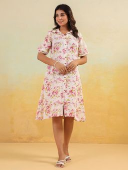 Janasya - Womens Off White Linen Cotton Floral Printed A-Line Button Down Shirt Dress