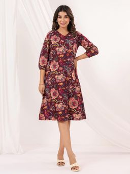 Janasya - Womens Wine Pure Cotton Floral Printed A-Line Midi Dress