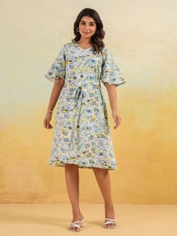 Janasya - Womens Off White Linen Cotton Floral Printed A-Line Belted Dress