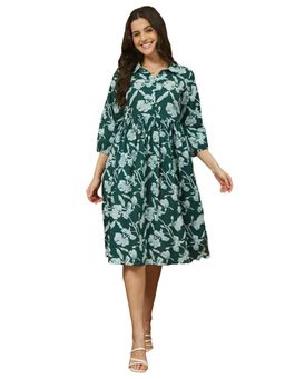 Janasya - Womens Green Pure Cotton Floral Printed Fit and Flare Midi Dress