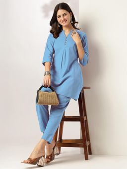 Janasya - Womens Light Blue Cotton Solid A-Line Kurta & Pant