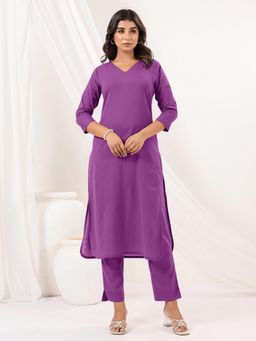 Janasya - Womens Purple Cotton Solid Straight Kurta with Pant