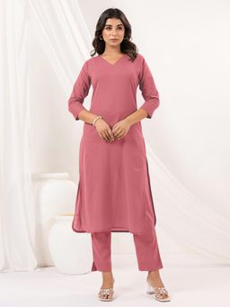 Janasya - Womens Pink Cotton Solid Straight Kurta with Pant