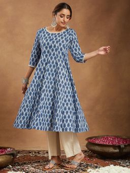 Janasya - Womens Indigo Blue Pure Cotton Paisley Printed Anarkali Kurta with Palazzo