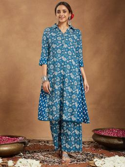 Janasya - Womens Blue Pure Cotton Floral Printed A-Line Kurta with Palazzo