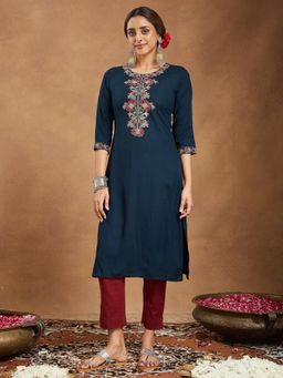 Janasya - Womens Navy Blue Rayon Embroidered Straight Kurta