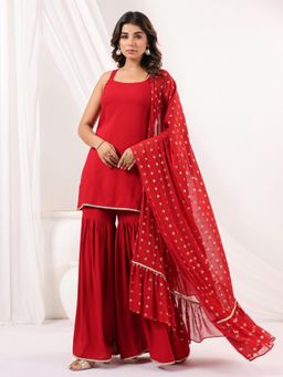 Janasya - Womens Red Rayon Embellished Straight Kurti with Sharara & Dupatta