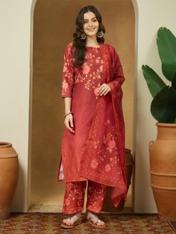 Janasya - Womens Rust Cotton Blend Floral Printed Straight Kurta with Pant & Dupatta