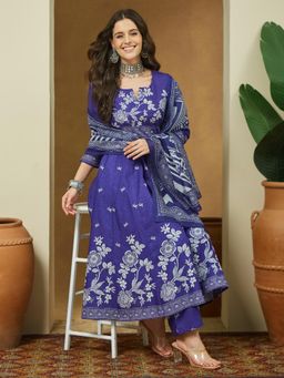 Janasya - Womens Blue Cotton Blend Floral Printed Anarkali Kurta with Pant & Dupatta