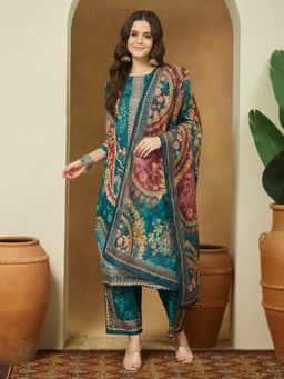 Janasya - Womens Blue Ethnic Motifs Printed Pakistani Style Straight Kurta with Pant & Dupatta