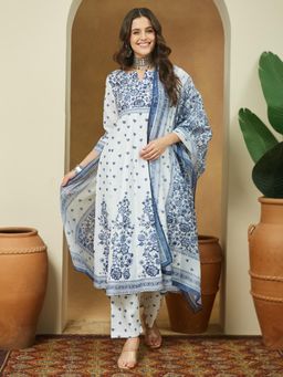 Janasya - Womens White Cotton Blend Floral Printed Anarkali Kurta with Pant & Dupatta