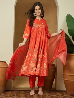 Janasya - Womens Orange Cotton Blend Floral Printed Anarkali Kurta with Pant & Dupatta