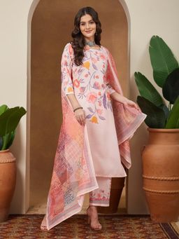 Janasya - Womens Peach Cotton Blend Floral Printed Straight Kurta with Pant & Dupatta