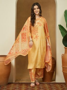 Janasya - Womens Yellow Cotton Blend Floral Printed Straight Kurta with Pant & Dupatta