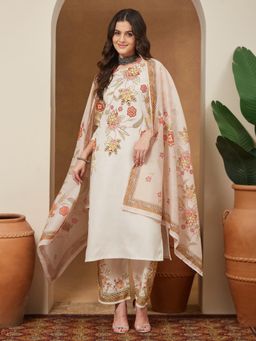 Janasya - Womens Cream Cotton Blend Floral Printed Straight Kurta with Pant & Dupatta