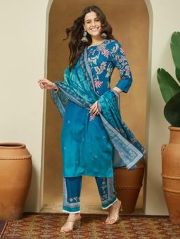 Janasya - Womens Blue Cotton Blend Floral Printed Straight Kurta & Pant & Dupatta