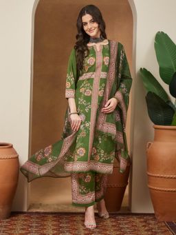 Janasya - Womens Mehendi Green Cotton Blend Floral Printed Straight Kurta with Pant & Dupatta