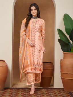 Janasya - Womens Peach Cotton Blend Geometric Printed Straight Kurta with Pant & Dupatta