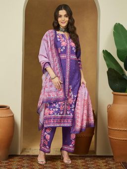 Janasya - Womens Purple Cotton Blend Floral Printed Straight Kurta with Pant & Dupatta