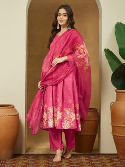 Janasya - Womens Pink Floral Printed Anarkali Kurta with Pant & Dupatta