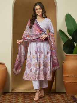 Janasya - Womens Lavender Cotton Blend Ethnic Motifs Printed Anarkali Kurta with Pant & Dupatta
