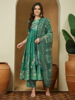 Janasya - Womens Sage Green Floral Printed Anarkali Kurta with Pant & Dupatta