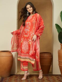 Janasya - Womens Orange Ethnic Motifs Printed Pakistani Straight Kurta with Pant & Dupatta
