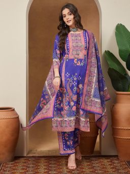 Janasya - Womens Purple Floral Printed Straight Kurta with Pant & Dupatta