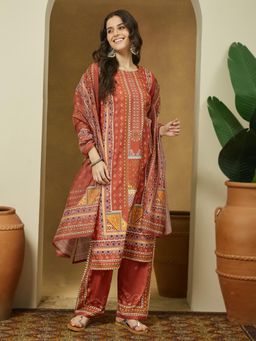 Janasya - Womens Rust Cotton Blend Ethnic Motifs Printed Straight Kurta with Pant & Dupatta