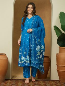 Janasya - Womens Blue Cotton Blend Floral Printed Anarkali Kurta with Pant & Dupatta