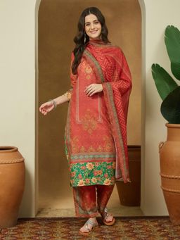 Janasya - Womens Rust Cotton Blend Ethnic Motifs Printed Straight Kurta with Pant & Dupatta