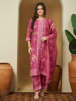 Janasya - Womens Pink Cotton Blend Floral Printed Straight Kurta with Pant & Dupatta