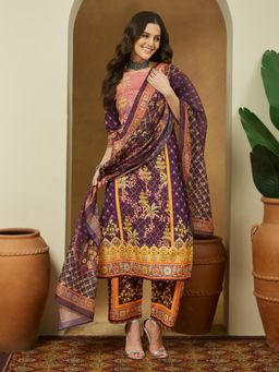 Janasya - Womens Purple Cotton Blend Floral Printed Straight Kurta with Pant & Dupatta