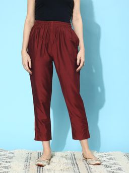 Libas - Womens Maroon Solid Silk Pant