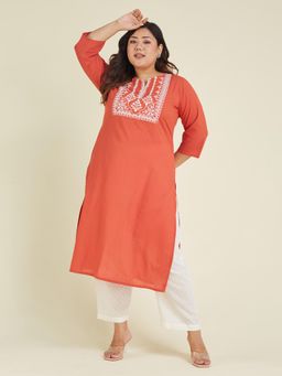 Janasya - Womens Plus Size Rust Pure Cotton Yoke Embroidered Straight Kurta